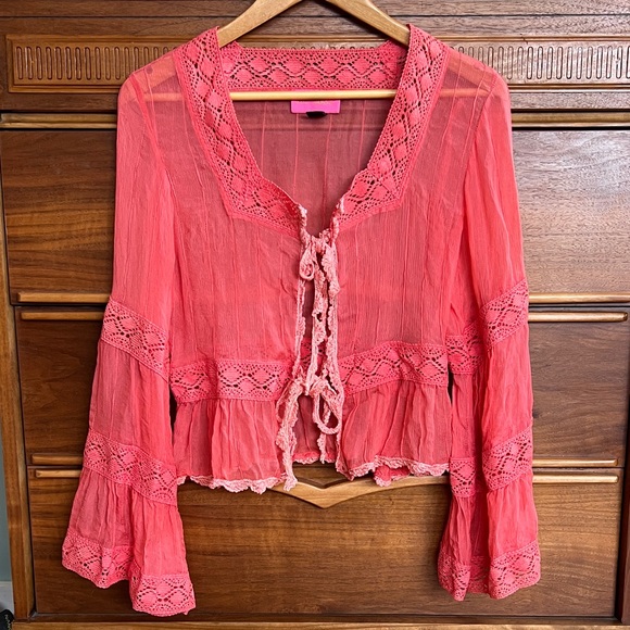 Betsey Johnson Tops - Betsey Johnson Pink Coral Boho Sheer Silk Tie Top with Crochet Details, size s/m
